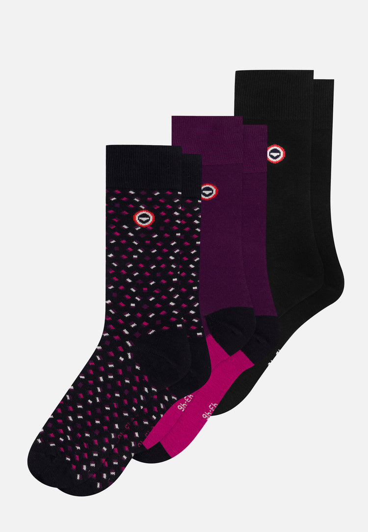 Lot de 3 chaussettes mi-hautes en coton - Chaussettes Noir Petit Carré Demi Bloc Prune Fuchsia - Le Slip Français - 1
