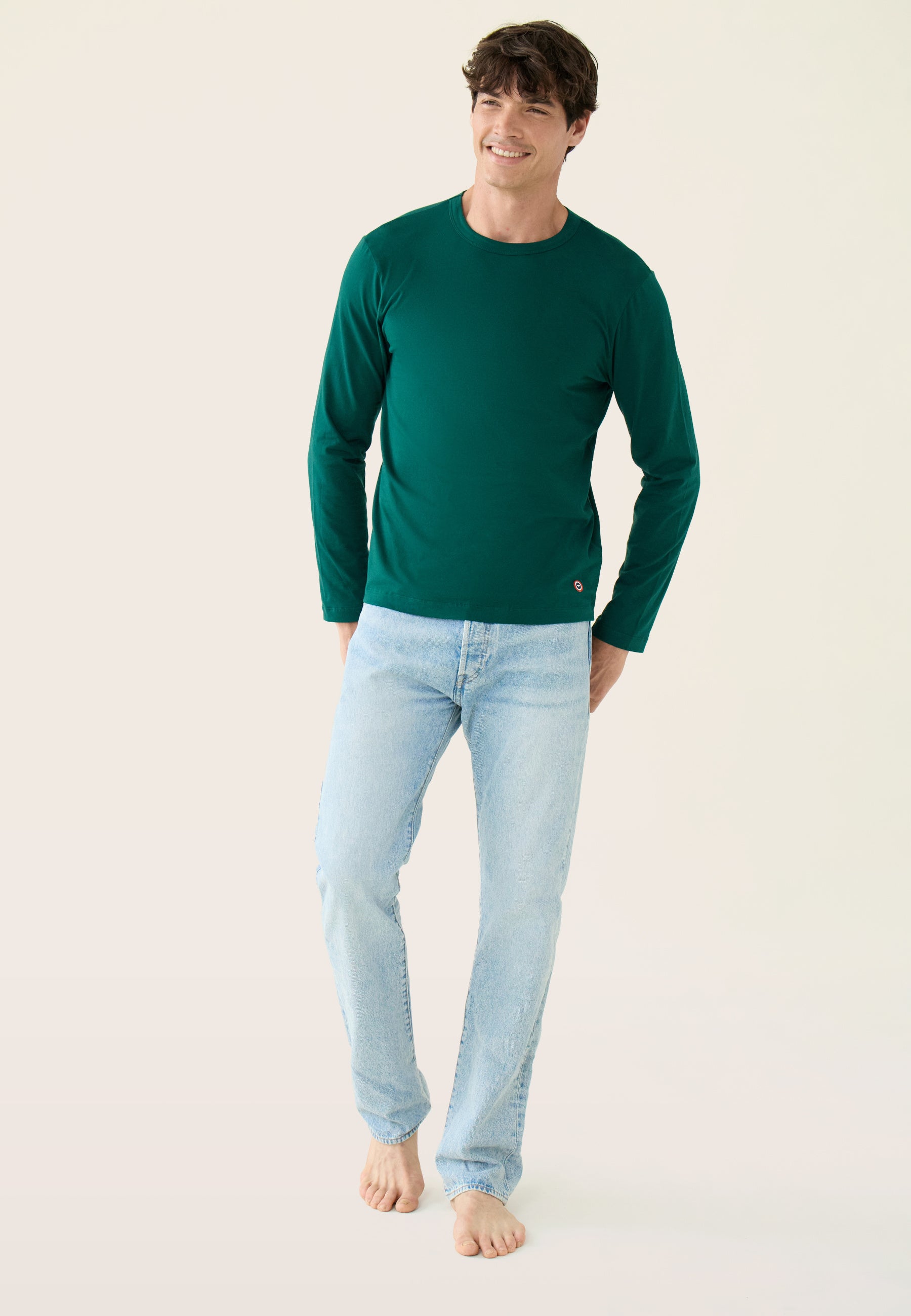 Men's long-sleeved cotton t-shirt in fir green - Superb Fir Green