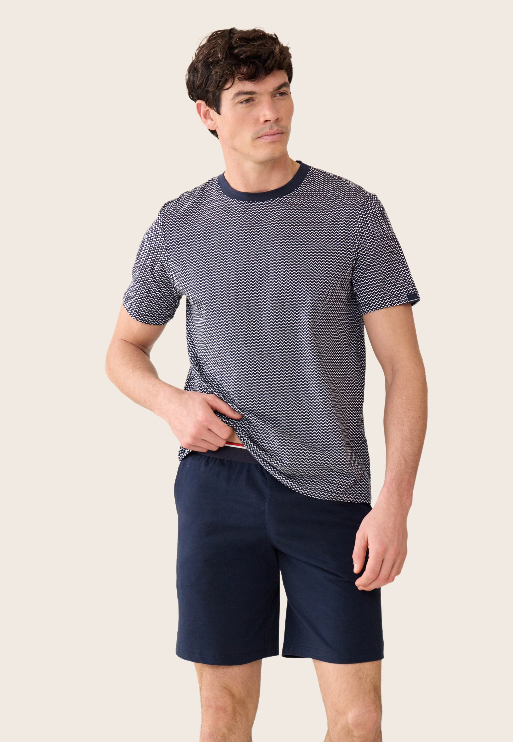 Ensemble pyjama haut marinière et short bleu marine en coton - Pack Jeason Manches Courtes Chevron Marine