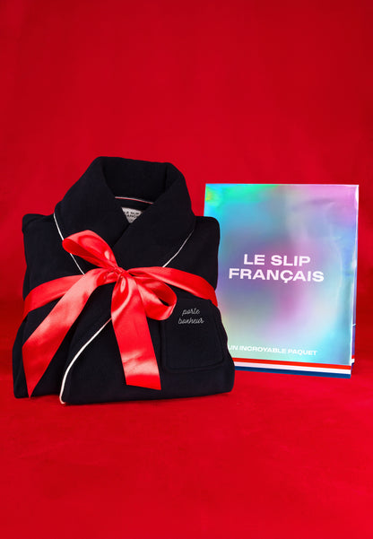 Robe de chambre chaude homme bleu marine avec col châle - Devy En Polaire Marine Brodé Porte Bonheur