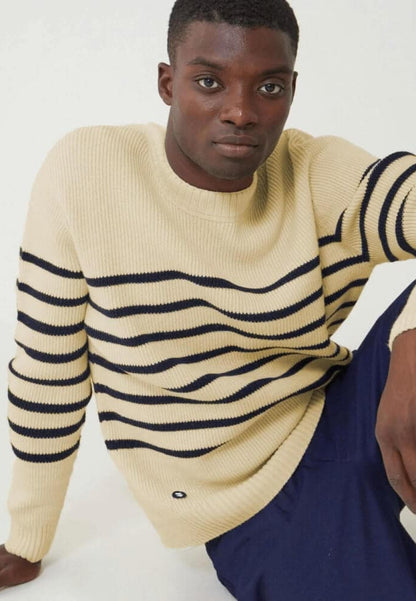 Pull mixte en laine française - Lude Marinière Ecru Marine
