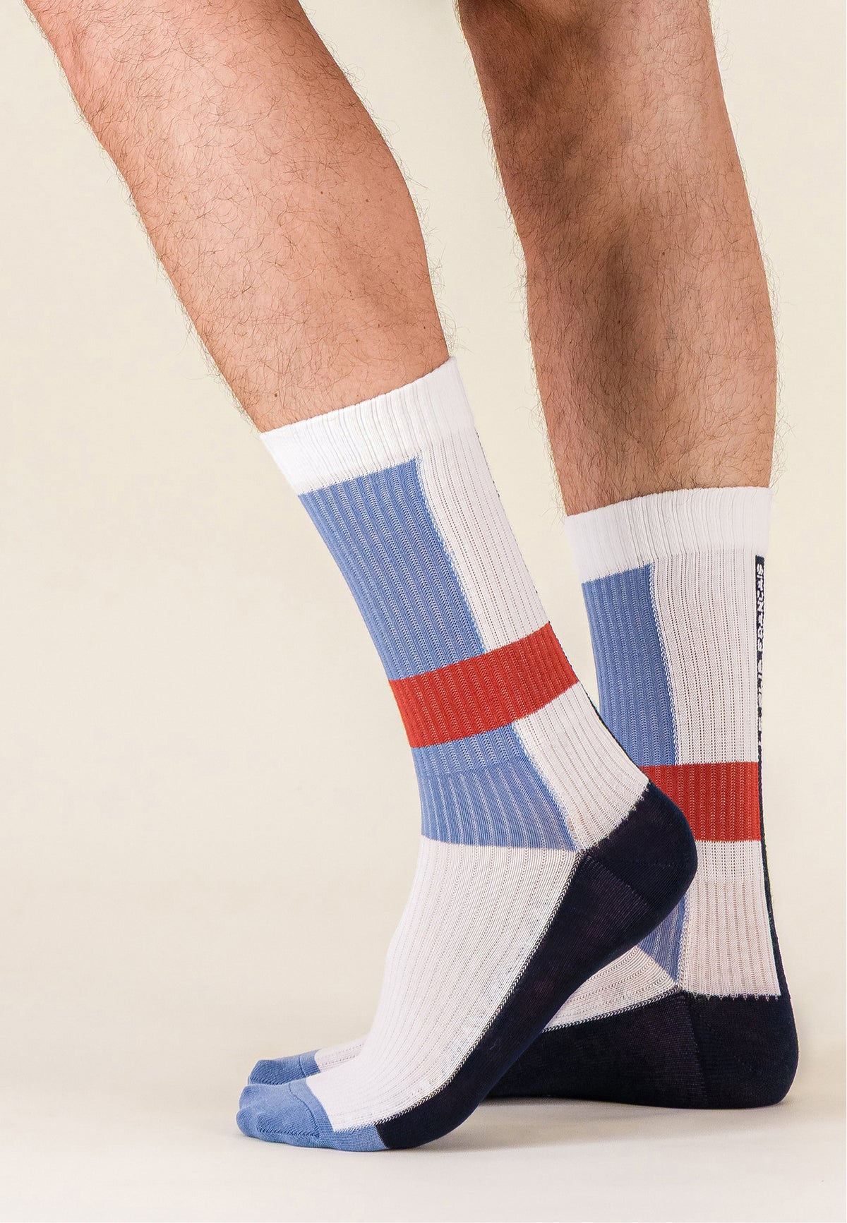 Chaussettes de sport mi-hautes rayées jaune et bleu marine - Wilfried Mondrian Bleu Jean Brique