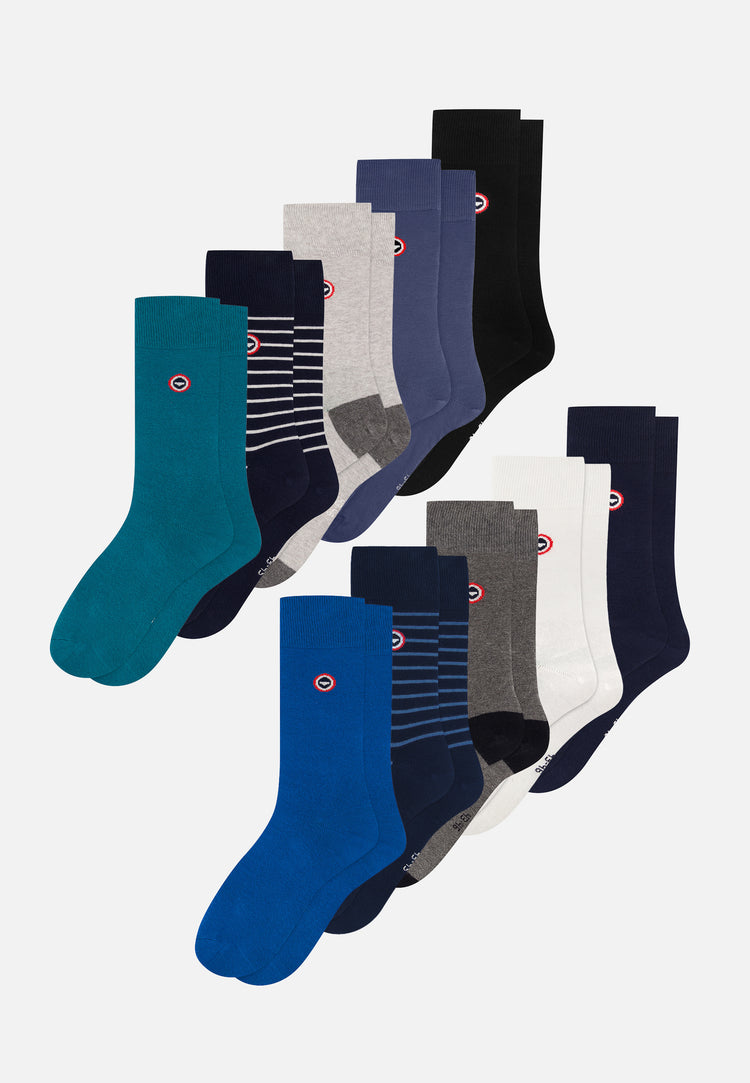 Pack of 10 mid-calf cotton socks - Topaz Socks Blue Turquoise White Navy Steel Anthracite Black Sailor - Le Slip Français - 1
