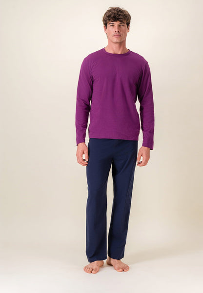 Ensemble pyjama haut violet et pantalon bleu en coton - Pyjama Haut Manches Longues Superbe Violet Et Bas De Pyjama Long Indomptable Marine