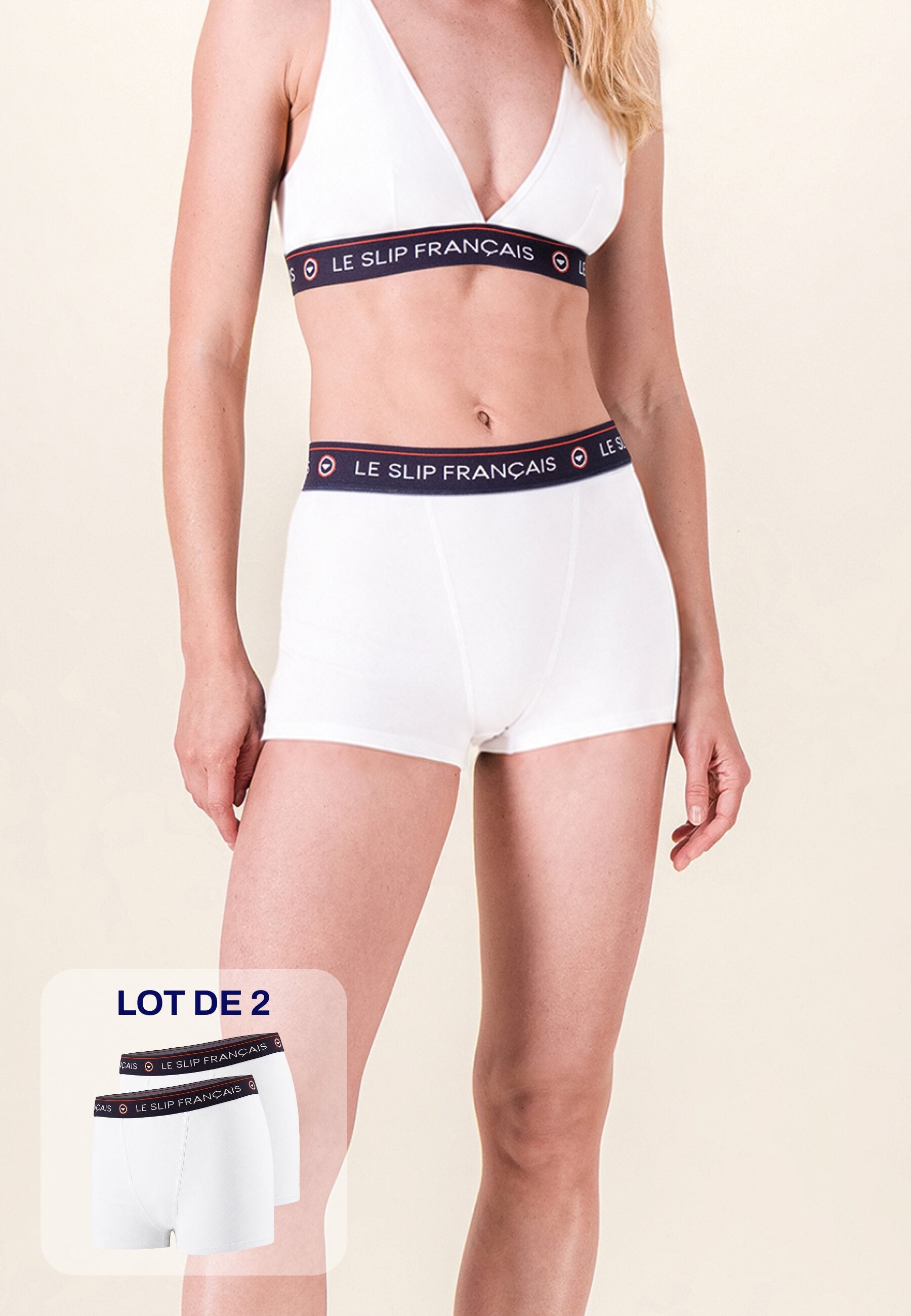 Lot de 2 culottes boxers femme en coton - Culottes Boxers Blanc