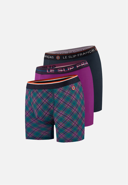 Lot de 3 boxers longs en coton - Violet Profond Tartan Bleu Canard Marine