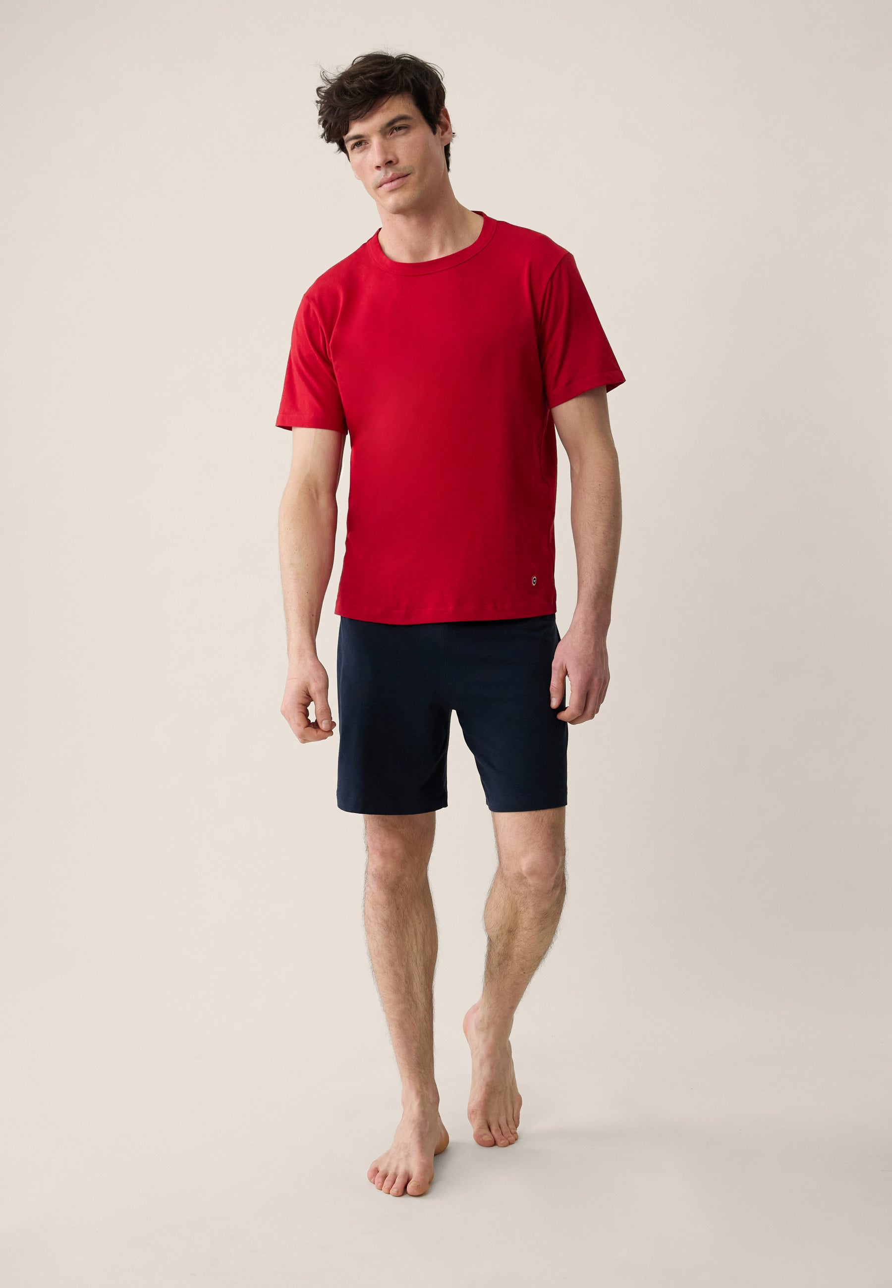 Red cotton top and navy shorts pajama set - Tremendous Cherry Red short sleeve pajamas and invincible Navy short pajama bottoms