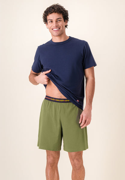 Cotton pyjama set (top and shorts) - Great navy short-sleeved pyjama top and invincible khaki short pyjama bottoms