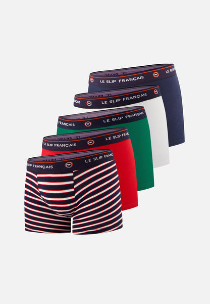 Lot de 5 boxers enfant en coton - Boxers Rayures Tricolores Rouge Marine Emeraude Blanc