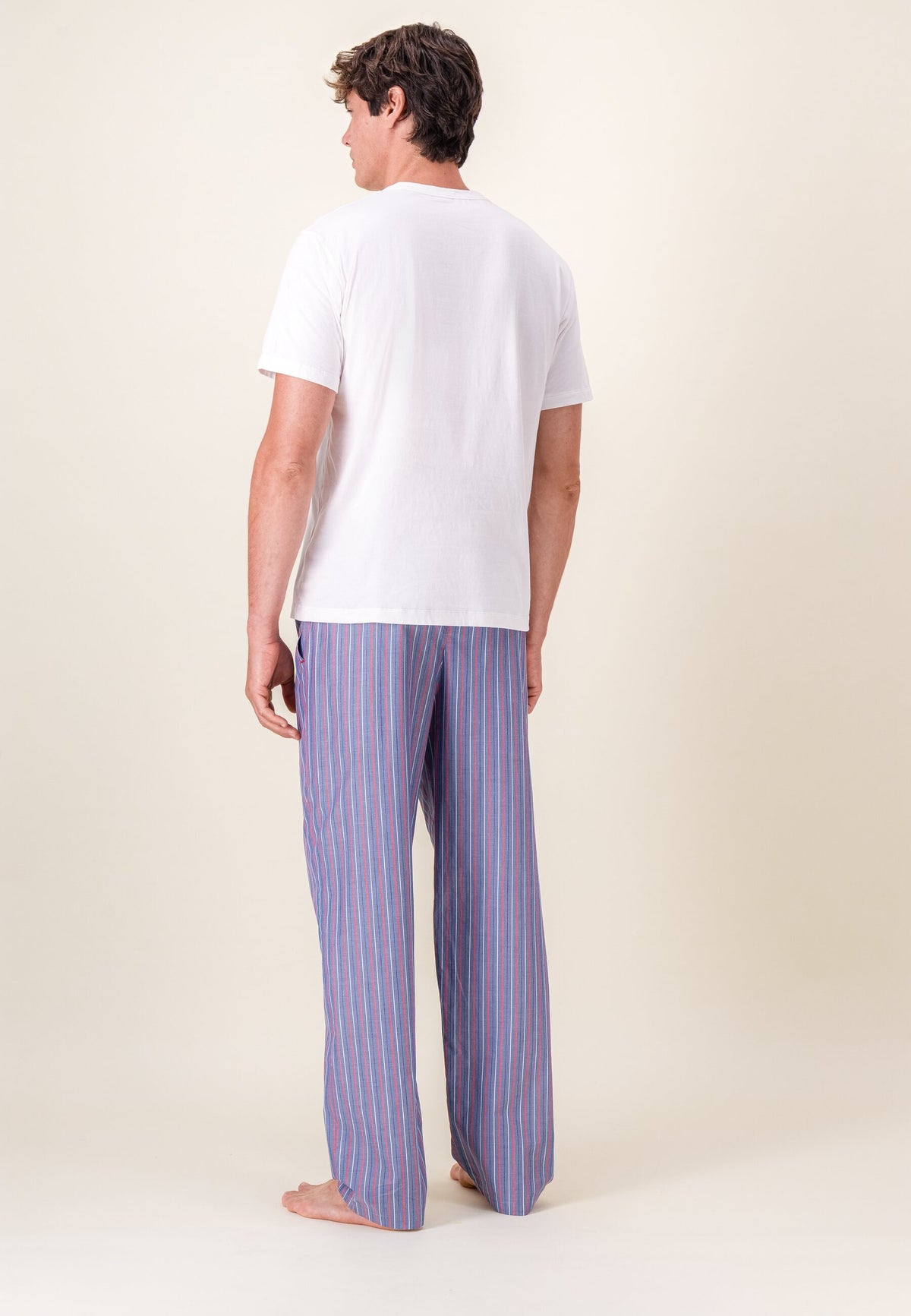 Ensemble pyjama haut blanc et pantalon bleu en coton - Pyjama Haut Manches Courtes Formidable Et Bas De Pyjama Long Bastien Rayures Tricolores