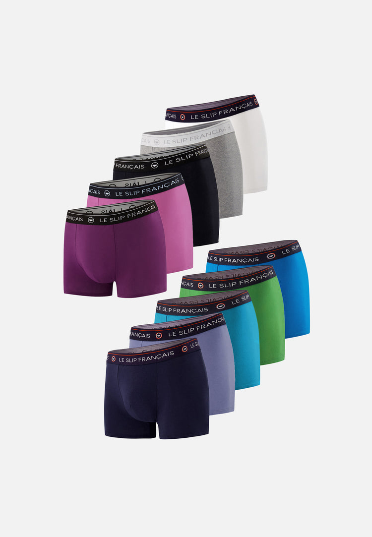 Lot de 10 boxers en coton - Boxers Prune Fuchsia Noir Gris Chiné Blanc Marine Bleu Jean Topaz Mint Green Bleu Turquoise - Le Slip Français - 1