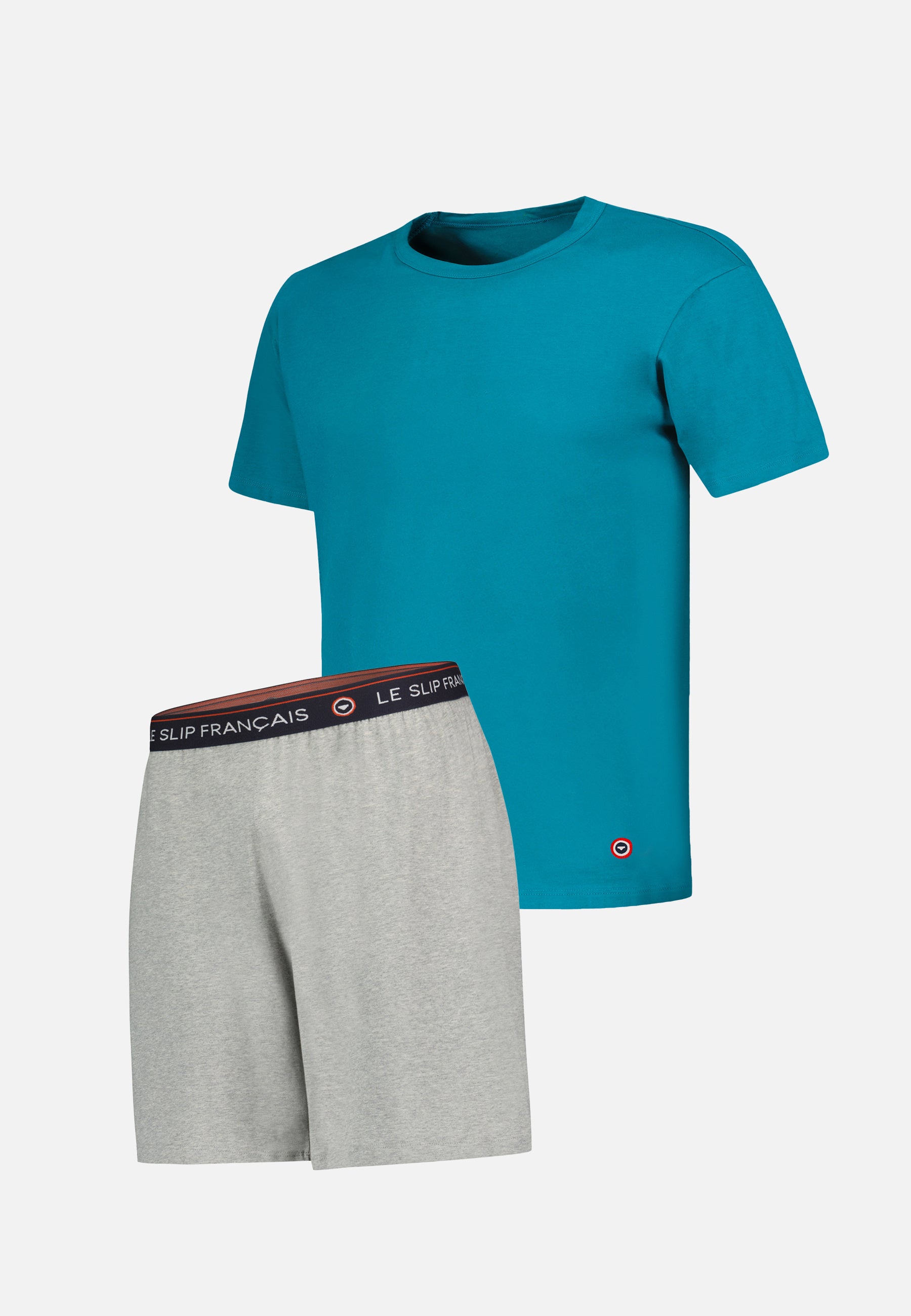 Blue top and gray cotton shorts pajama set - Topaz formidable short-sleeved pajamas and invincible short pajama bottoms in Heather Gray