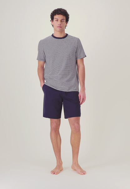 Navy blue cotton pyjama set with striped top and shorts - Short-sleeved navy blue striped cardigan pack